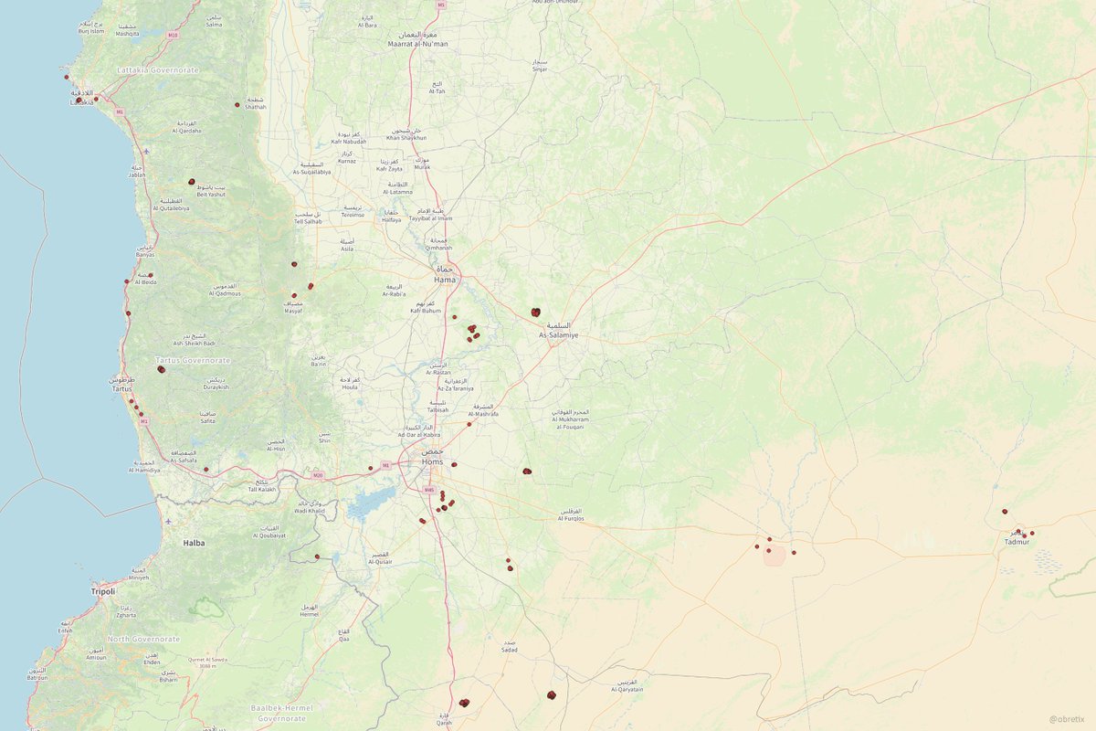 Map of Israeli airstrikes in Syria targeting airbases, air defenses, artillery and ammunition storage sites between 8 and 16 December 2024