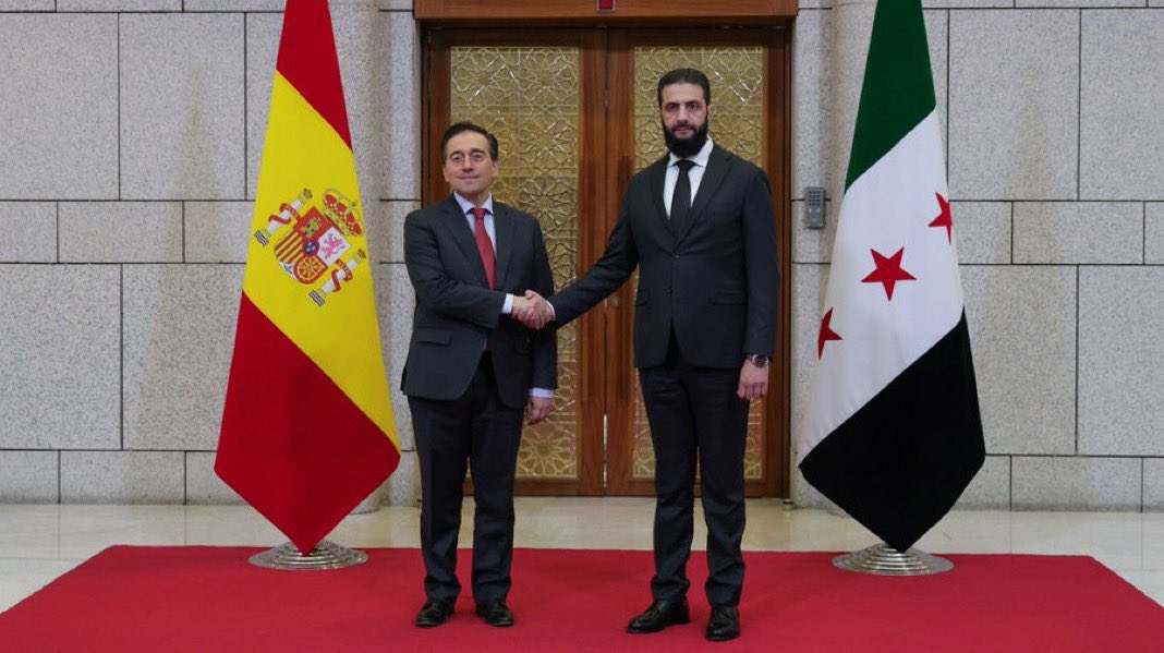 Ahmed Al-Shara'a receives the Spanish delegation headed by the Minister of Foreign Affairs and Cooperation José Manuel Albares Bueno in Damascus today