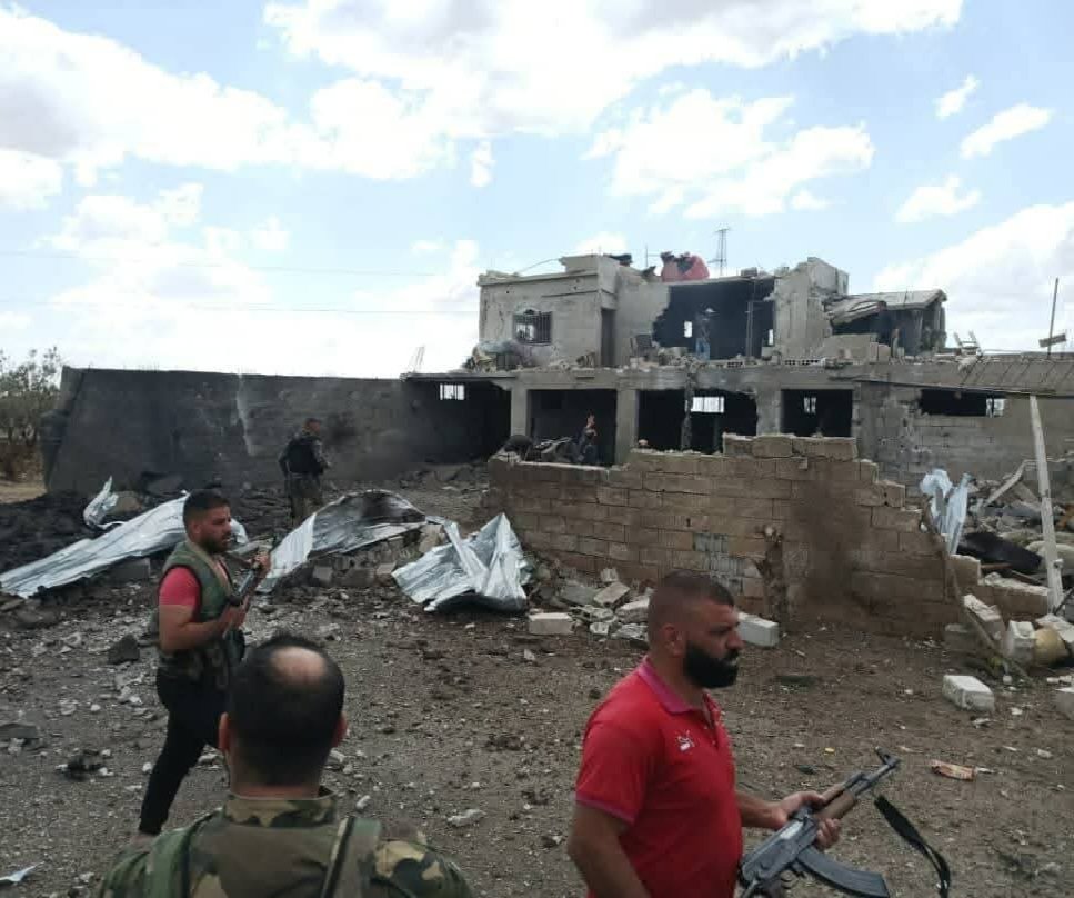 Photos from the site of the Israeli bombing west of the city of Sweida. Initial reports indicate two deaths as a result of the bombing.