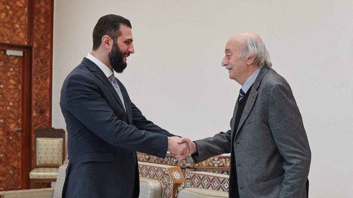 President Ahmad Al-Sharaa welcomes Walid Jumblatt in Damascus