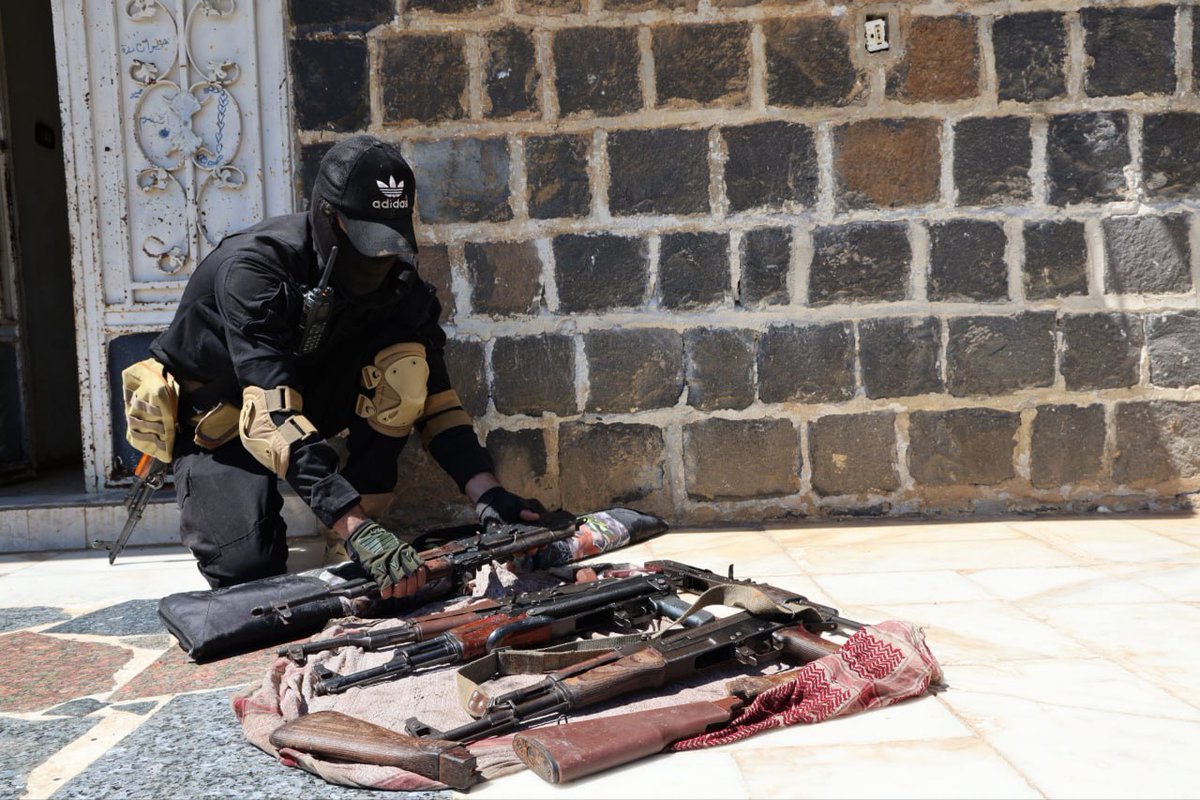 Internal Security: We were able to arrest a number of outlaws in the village of Umm al-Dawali in the Homs countryside, Talkalakh area, and seize a warehouse containing weapons and ammunition.