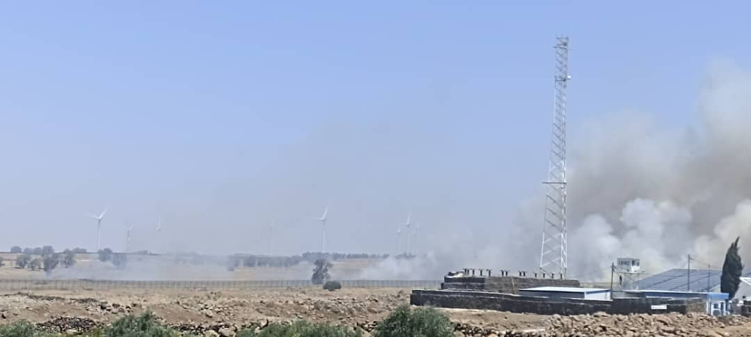 A fire broke out after an Iranian drone crashed near a UN forces point west of the village of Saida, near the disengagement line in the southern Quneitra countryside.
