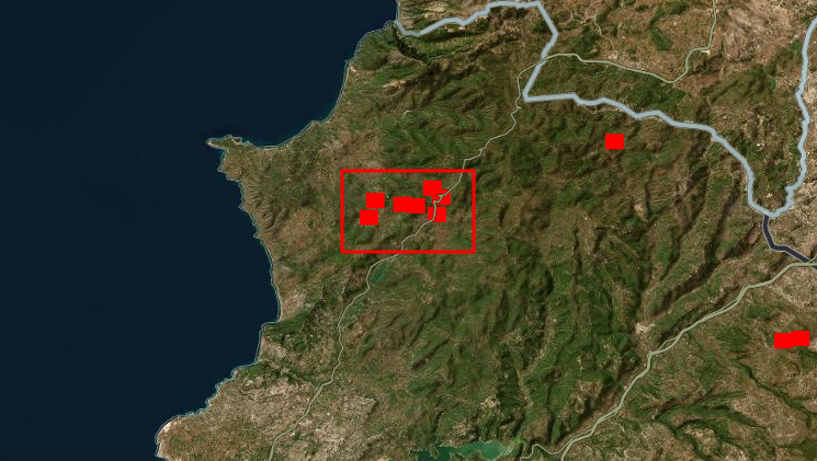 سوريا: أقل من 24 ساعة تفصل بين هاتين الصورتين الملتقطتين بواسطة رادار FIRMS، وتظهران الحرائق في ريف اللاذقية الشمالي.