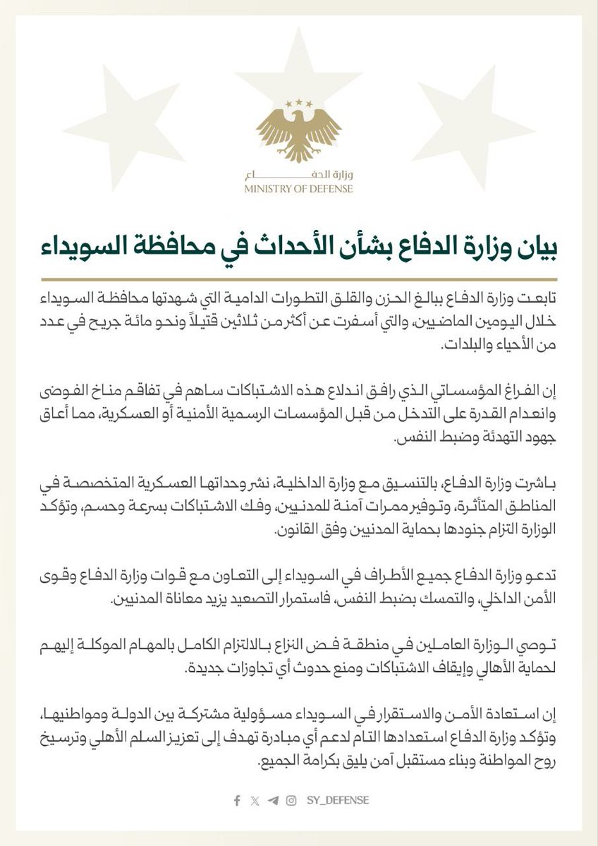South Syria: this morning the Security forces and troops belonging to the Defense Ministry announced they would enter Suwayda province in attempt to stop the clashes and secure the area, after clashes between tribal and Druze fighters left over 30 dead. However the convoy was attacked by Druze fighters, resulting in over a dozen killed and wounded among MoI and MoD ranks - and a vehicle seized