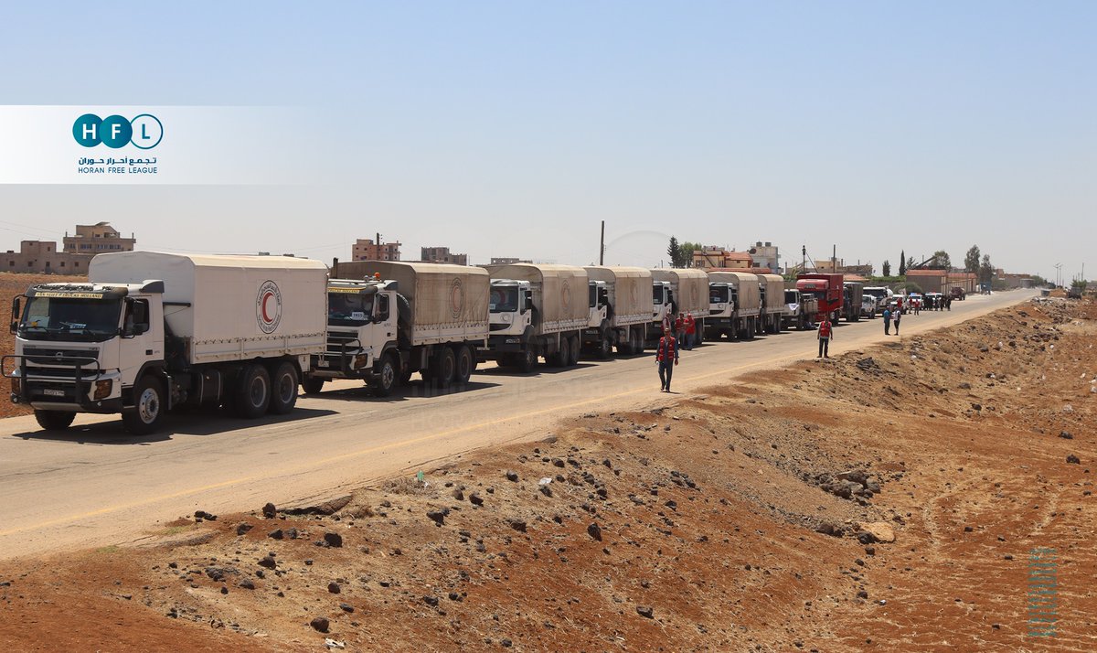 A Red Crescent convoy carrying 66 tons of flour, 4,000 food baskets and other essential supplies like fuel arrived today in Suwayda province. nIt went to the town of Shahba. It's the second humanitarian convoy since the implementation of the ceasefire last week