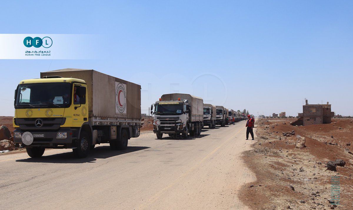 A Red Crescent convoy carrying 66 tons of flour, 4,000 food baskets and other essential supplies like fuel arrived today in Suwayda province. nIt went to the town of Shahba. It's the second humanitarian convoy since the implementation of the ceasefire last week