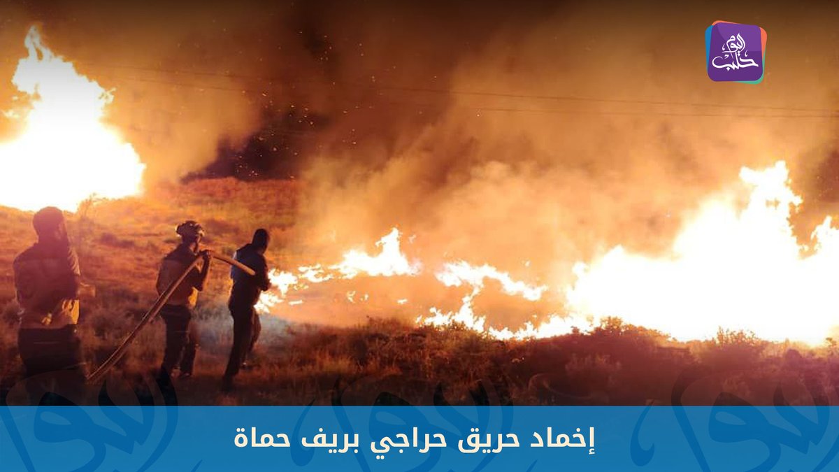 Firefighting teams, with the help of local residents, control a forest fire in the village of Nahr al-Bared in the Hama countryside.