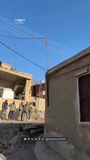 Damage caused by the bombing of the Syrian town of Beit Jinn, including damage to a mosque's minaret.