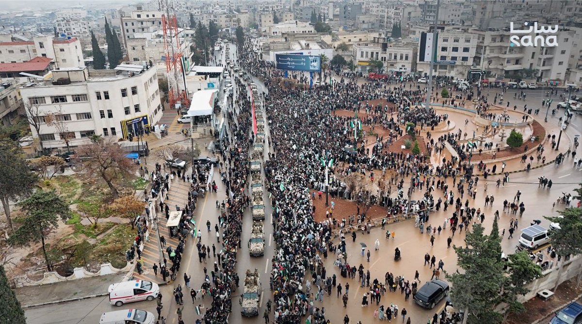 Aerial footage of the military parade in Idlib city commemorating Liberation Day
