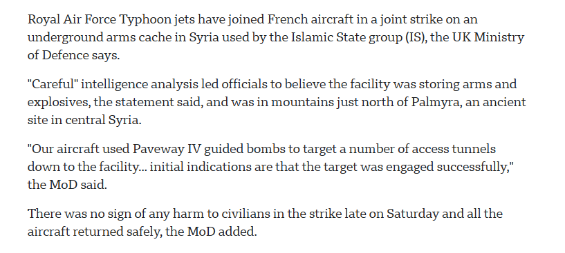 Syria: video of the joint strike carried out last night by UK and France on an underground cache reportedly used by ISIS to store weapons & explosives. Site bombed is located in Mounts N. of Palmyra