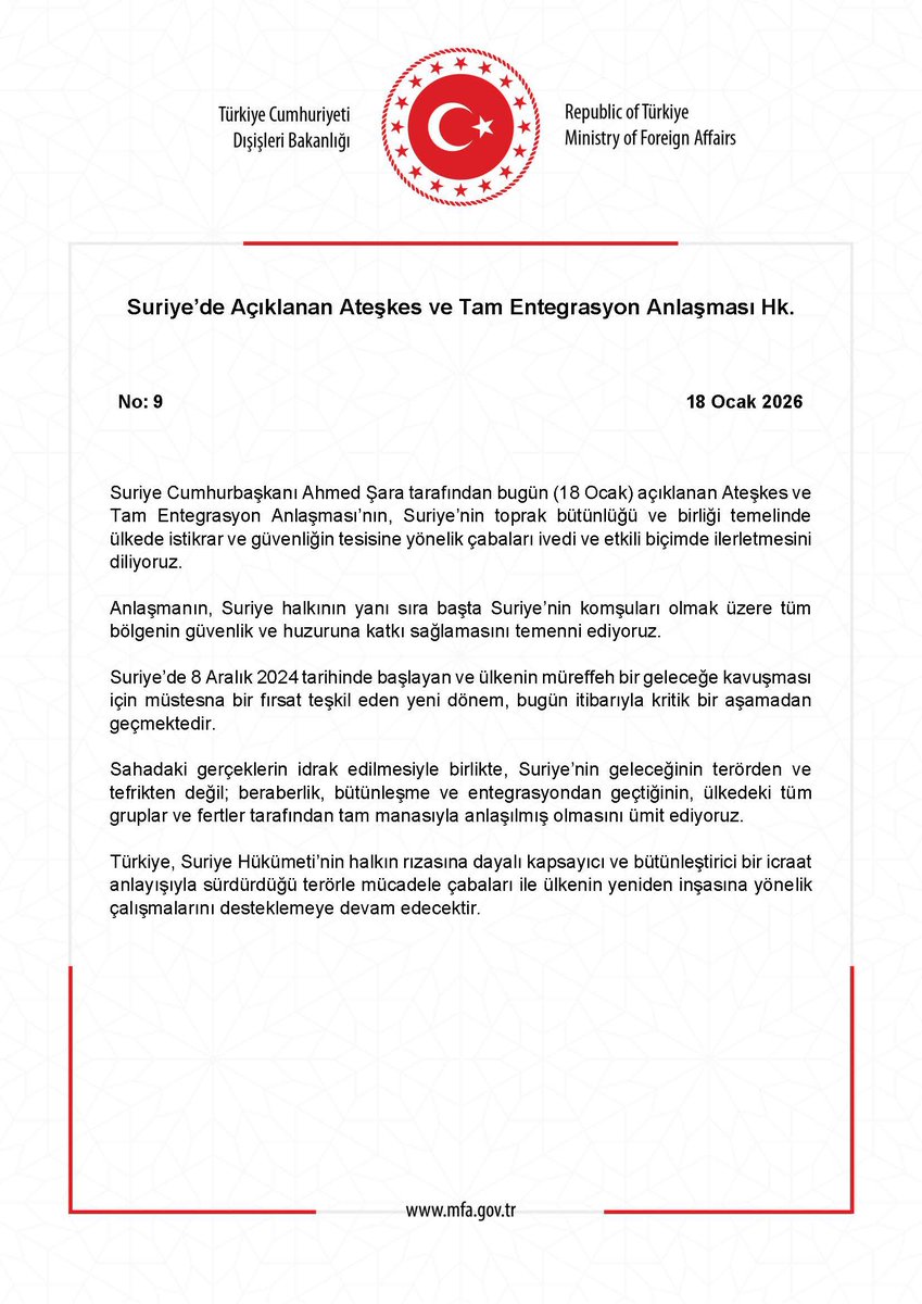 Das türkische Außenministerium begrüßt das Waffenstillstands- und Integrationsabkommen Syriens und äußert die Hoffnung, dass es Stabilität, Sicherheit und territoriale Einheit rasch verbessern wird.