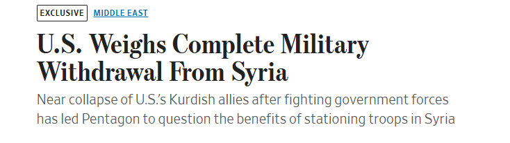 WSJ: the US is considering a total withdrawal from Syria, after Damascus took over most SDF-held areas last week