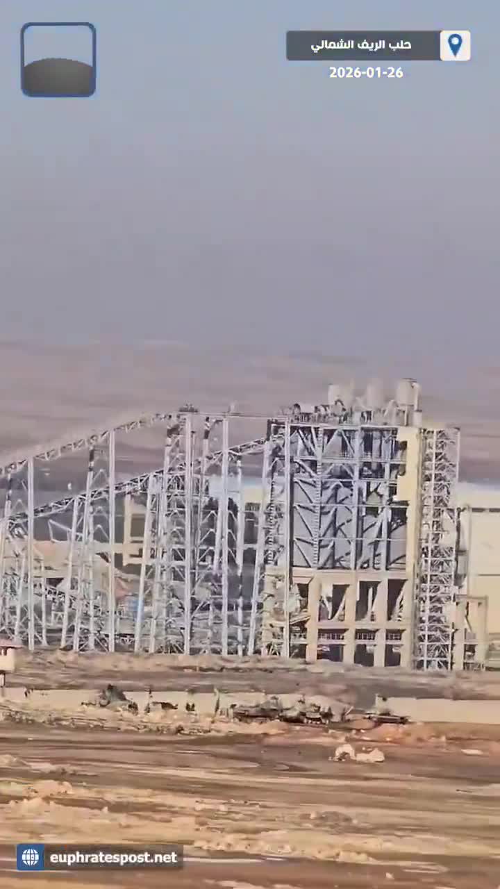 Aleppo Northern Countryside:  armed clashes between the Syrian Army and the SDF forces in the vicinity of the cement factory belonging to the French company Lafarge in the village of Jalabiya in the countryside of Ain al-Arab (Kobani) this morning, before the army took full control of it