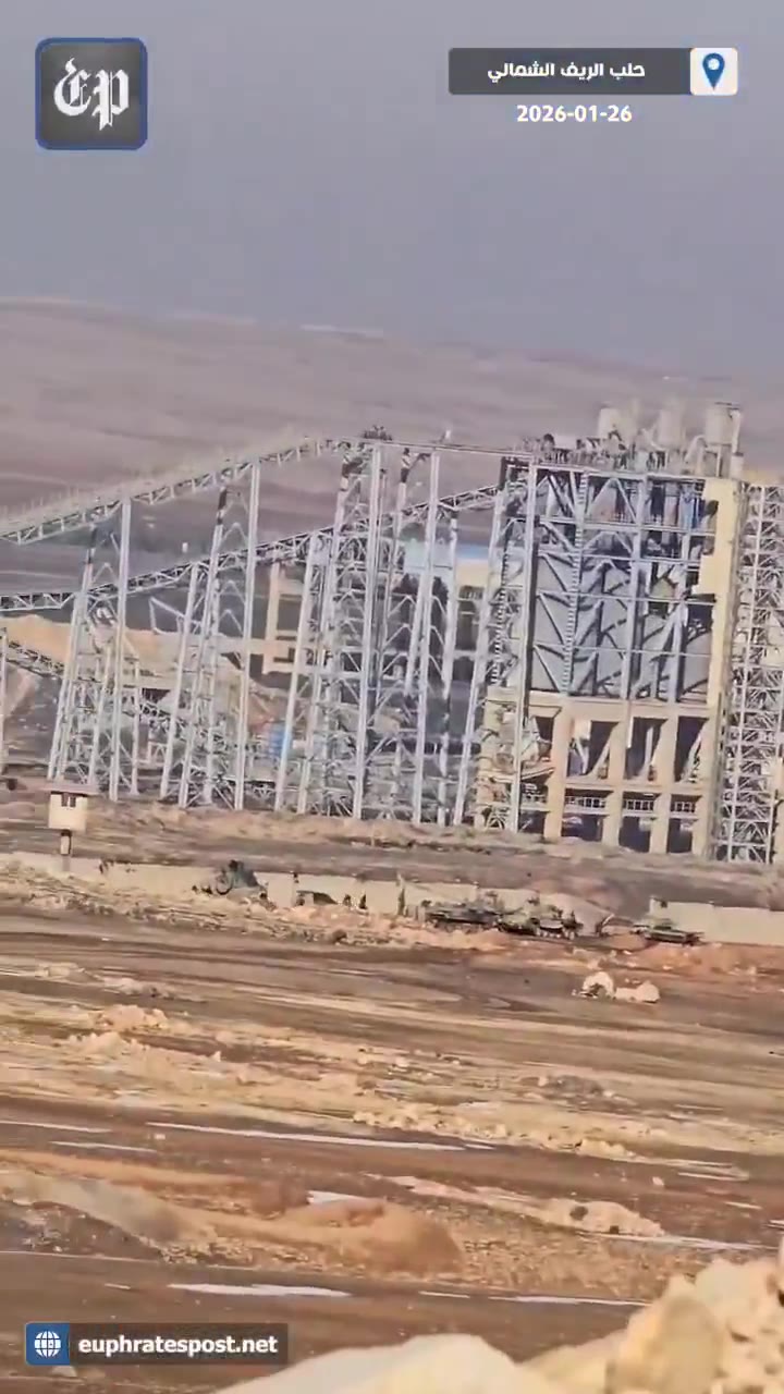 Aleppo Northern Countryside:  armed clashes between the Syrian Army and the SDF forces in the vicinity of the cement factory belonging to the French company Lafarge in the village of Jalabiya in the countryside of Ain al-Arab (Kobani) this morning, before the army took full control of it