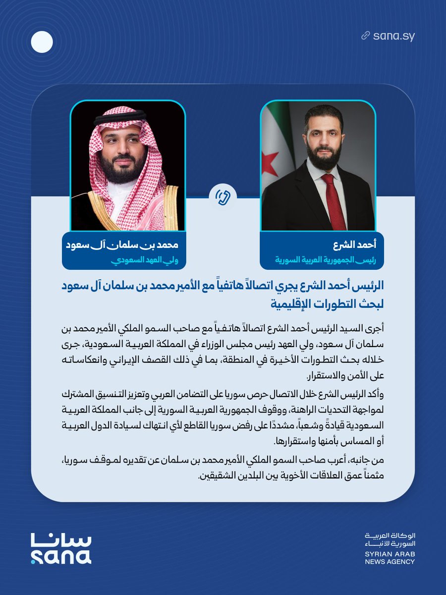 President Ahmed al-Sharaa held a telephone conversation with His Royal Highness Prince Mohammed bin Salman Al Saud, affirming Syria's support for the Kingdom of Saudi Arabia, its leadership and people, and its categorical rejection of any violation of the sovereignty of Arab states or any threat to their security and stability