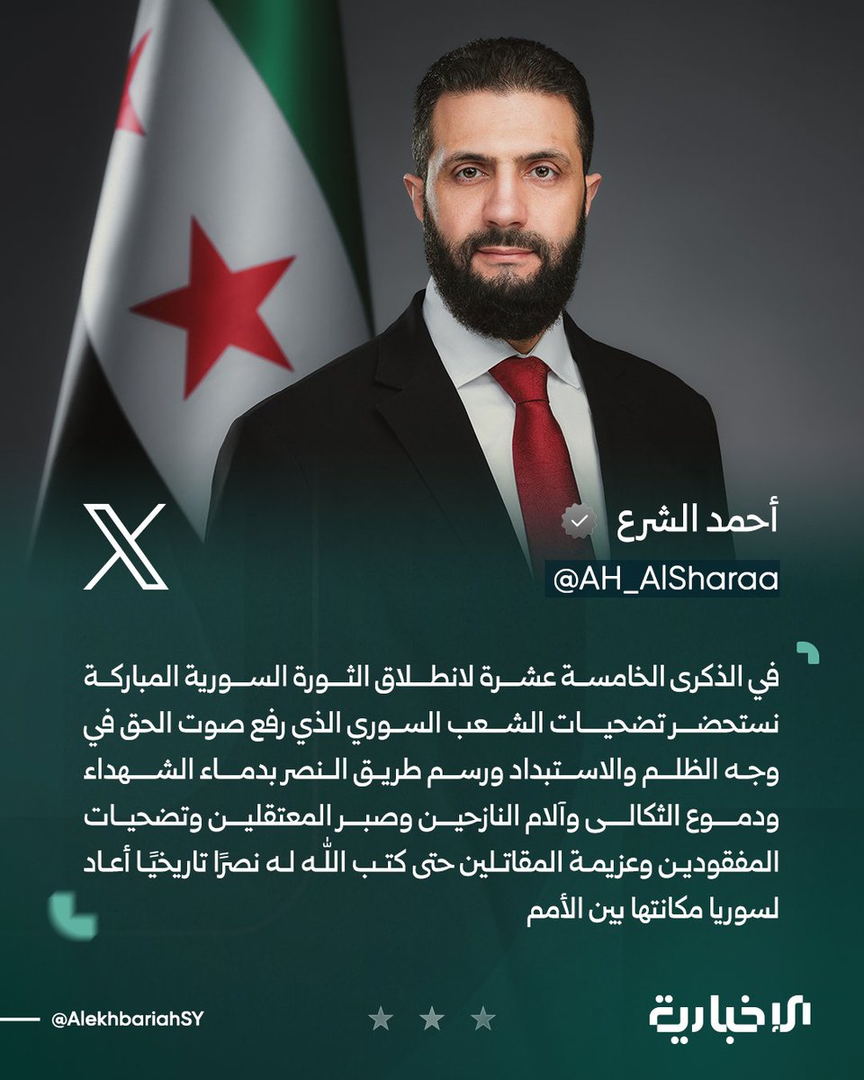 President Ahmed Al-Sharaa: On the fifteenth anniversary of the launch of the blessed Syrian revolution, we recall the sacrifices of the Syrian people who raised the voice of truth in the face of injustice and tyranny, and paved the way to victory with the blood of dead, the tears of bereaved mothers, the suffering of the displaced, the patience of detainees, the sacrifices of the missing, and the determination of fighters, until God granted them a historic victory that restored Syria's standing among nations
