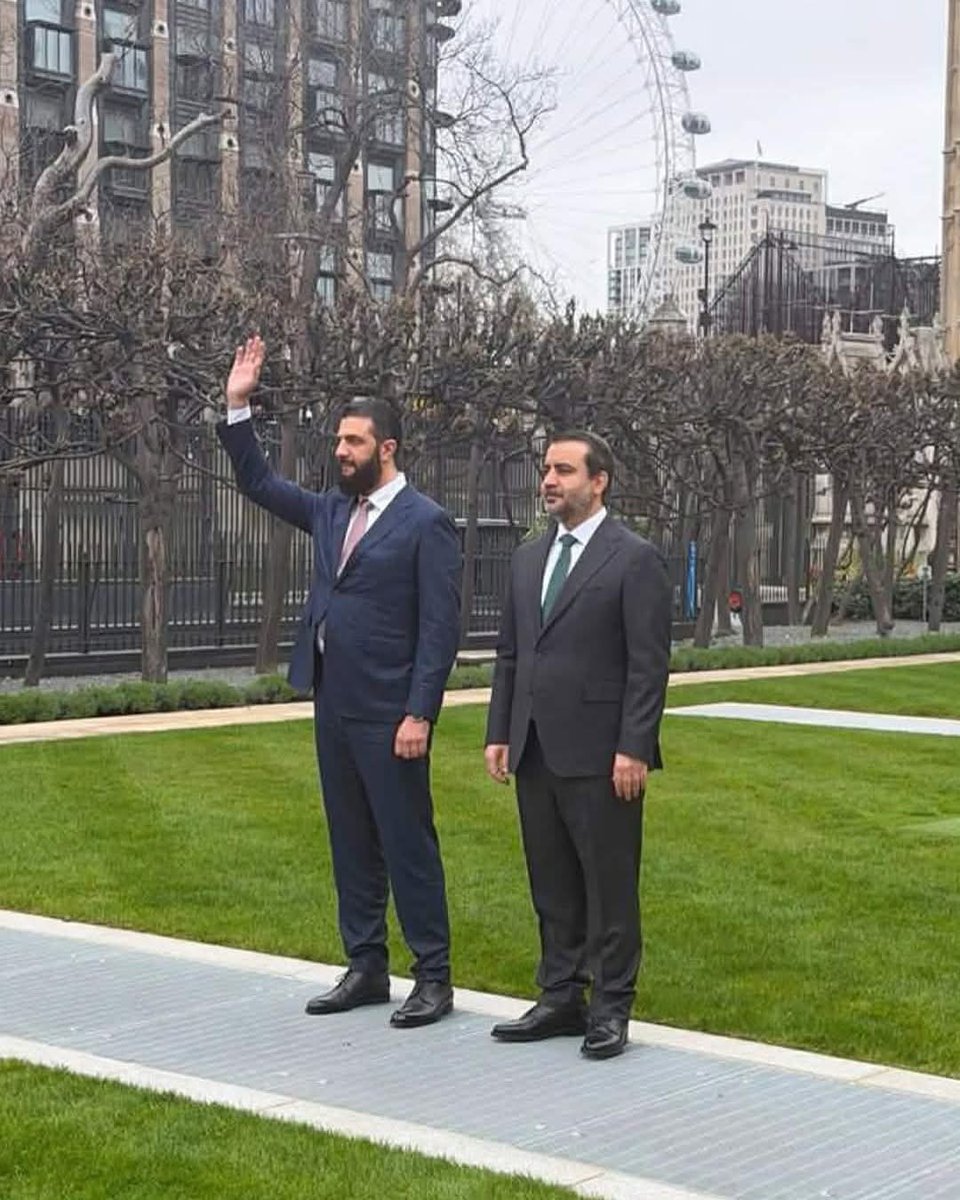 President Ahmed al-Sharaa and Asaad al-Shaibani arrive in London