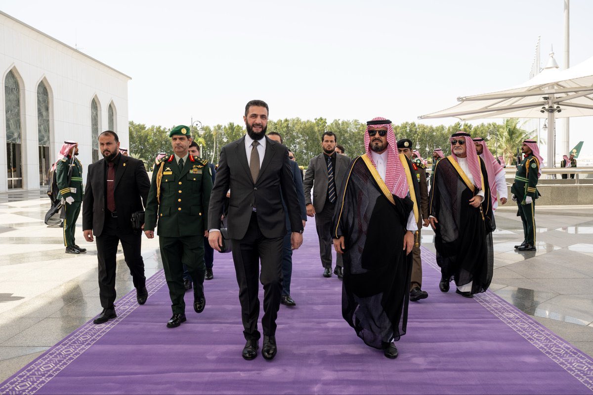 Syrian President Ahmed al-Sharaa arrives at King Abdulaziz International Airport in Jeddah on an official visit to the Kingdom of Saudi Arabia, during which he will meet with Crown Prince and Prime Minister Prince Mohammed bin Salman bin Abdulaziz Al Saud