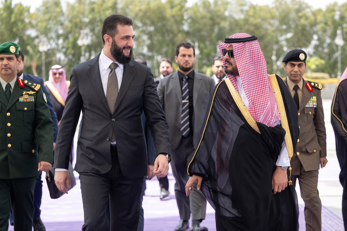 Syrian President Ahmed al-Sharaa arrives at King Abdulaziz International Airport in Jeddah on an official visit to the Kingdom of Saudi Arabia, during which he will meet with Crown Prince and Prime Minister Prince Mohammed bin Salman bin Abdulaziz Al Saud