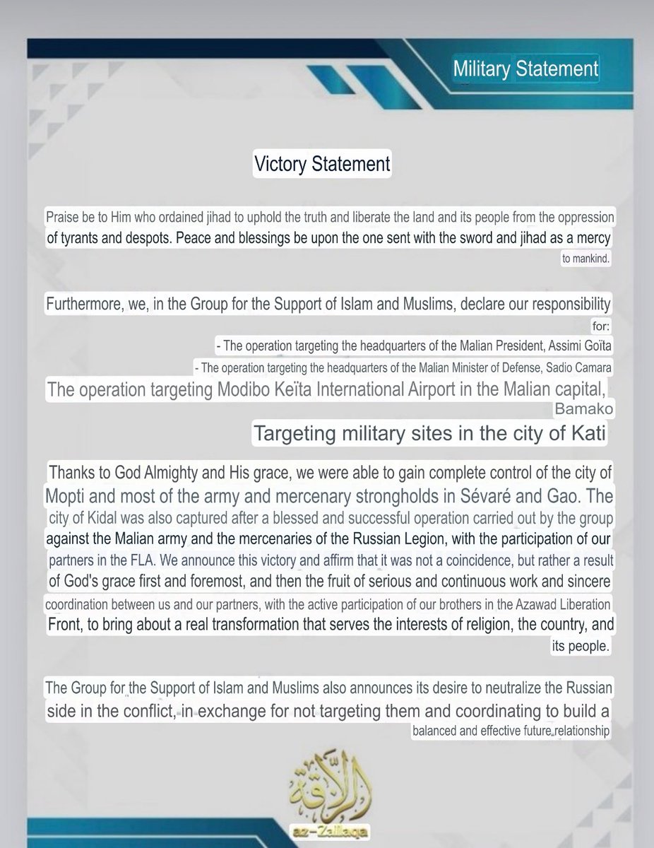 Following the offensive in Mali by Jama'at Nusrat al-Islam wal-Muslimin (JNIM) and Azawad Liberation Front (FLA), JNIM has released a statement announcing the capture of key urban centers. Most notably, JNIM directly addressed Russia directly, saying that if they withdraw the Africa Corps from the conflict, they will not target Russian positions in-country. Hayat Tahrir al-Sham (HTS) offered Russia a similar deal during the lightning offensive that overthrew longtime Syrian dictator Bashar al-Assad