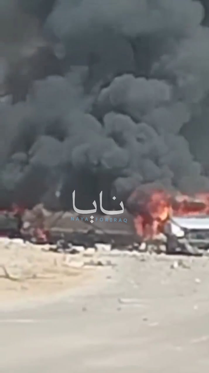 Scenes from an unknown attack targeting several vehicles in Idlib carrying a cache of ammunition.