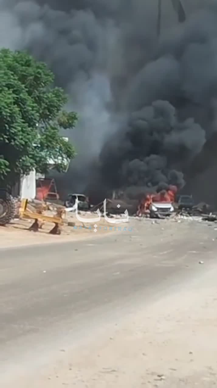 Scenes from an unknown attack targeting several vehicles in Idlib carrying a cache of ammunition.