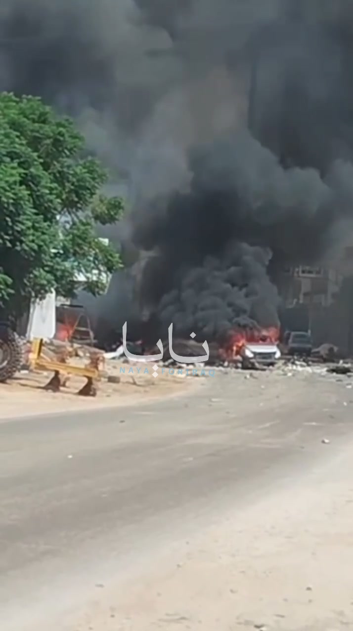Scenes from an unknown attack targeting several vehicles in Idlib carrying a cache of ammunition.